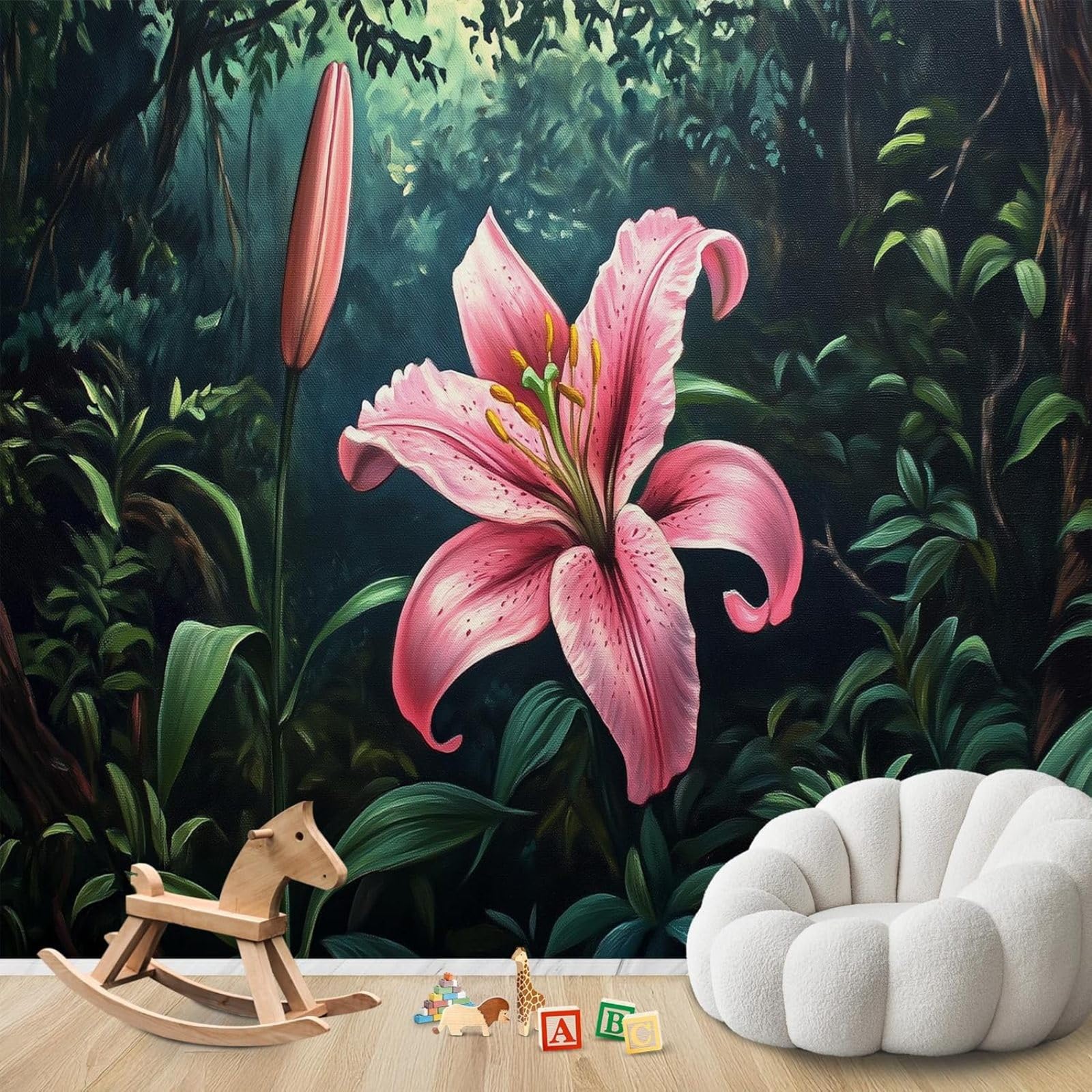 kfjhgbdshhj Photo Wallpaper Pink Lilies Jungle Tropical Plants Non-Woven Modern Living Room Bedroom Children's Room Wall Decoration Motif Wallpaper,250cmx175cm Stickers - Frameless Painting - Poster