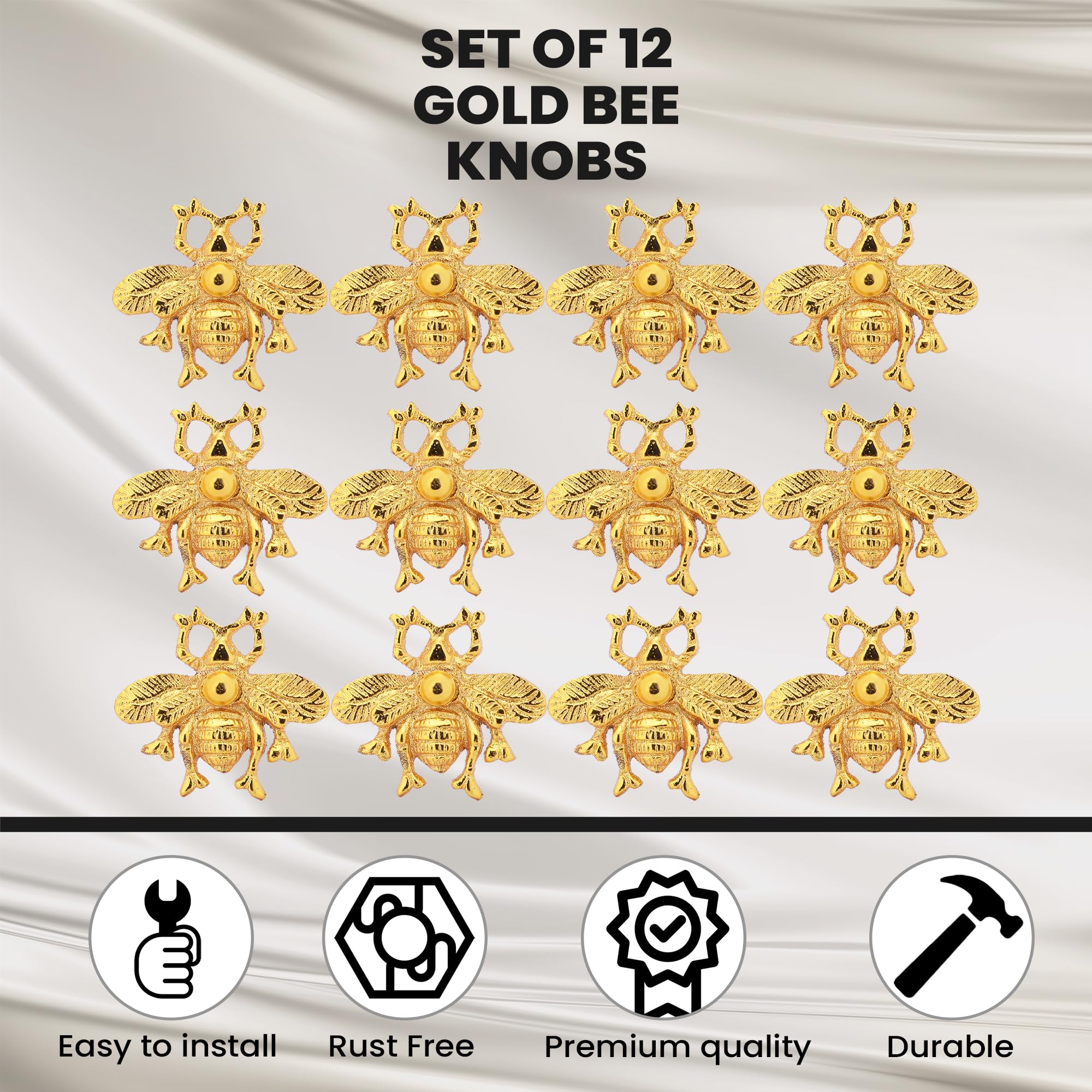 ETHNICITI 12 x Golden Bumble Bee Handcrafted Vintage Knob Cupboards Drawer Cabinets Wardrobe Dresser Vanity Kitchen Bedroom Living Room Upcycle Furniture Shabby Chic Animal Metal Gold Bee Pull Handle - Image 2