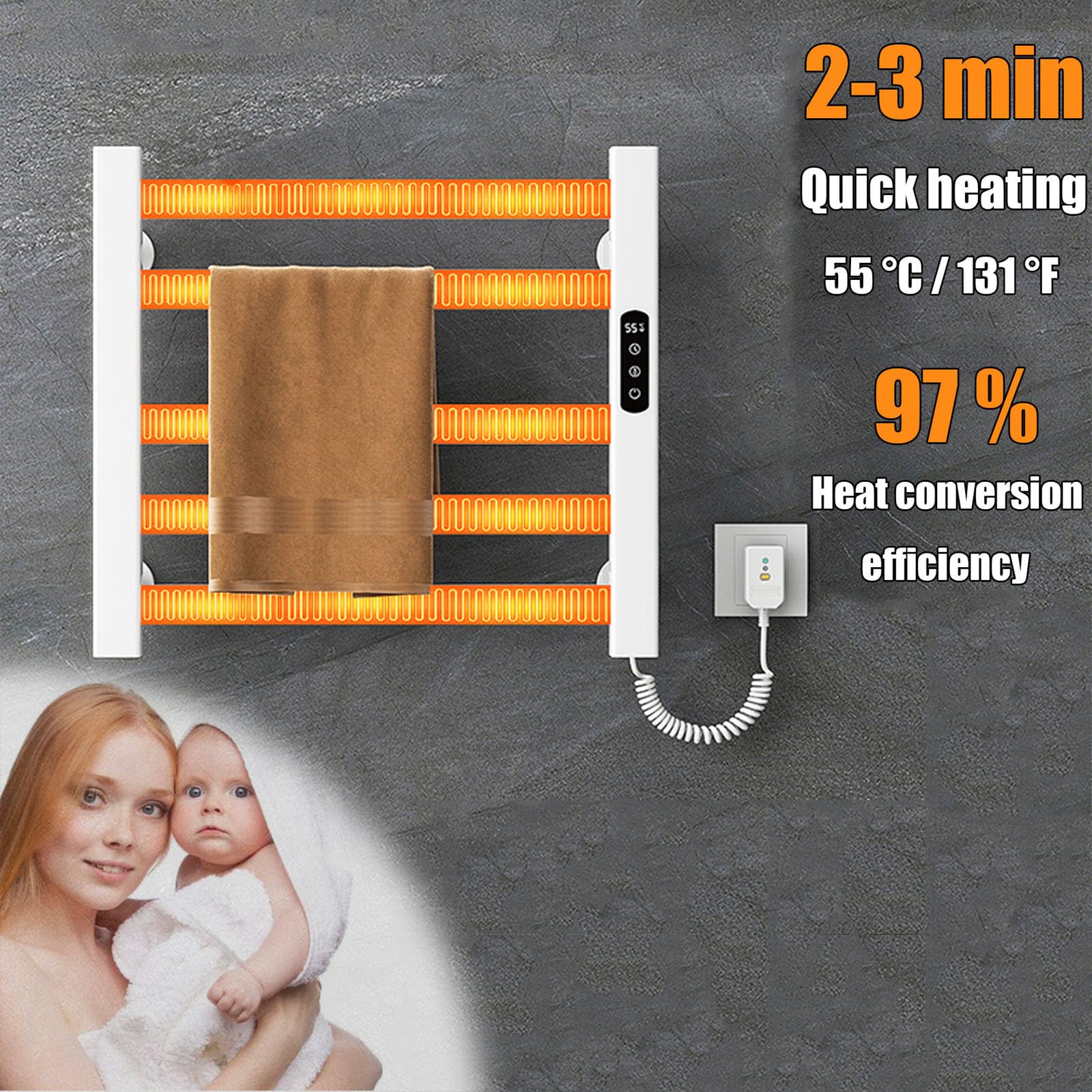 Portasciugamani riscaldato ad alta efficienza energetica con timer, da parete, scaldasalviette riscaldato a parete, scaldasalviette plug-in 5 barre per bagno, bianco, linea sinistra, linea