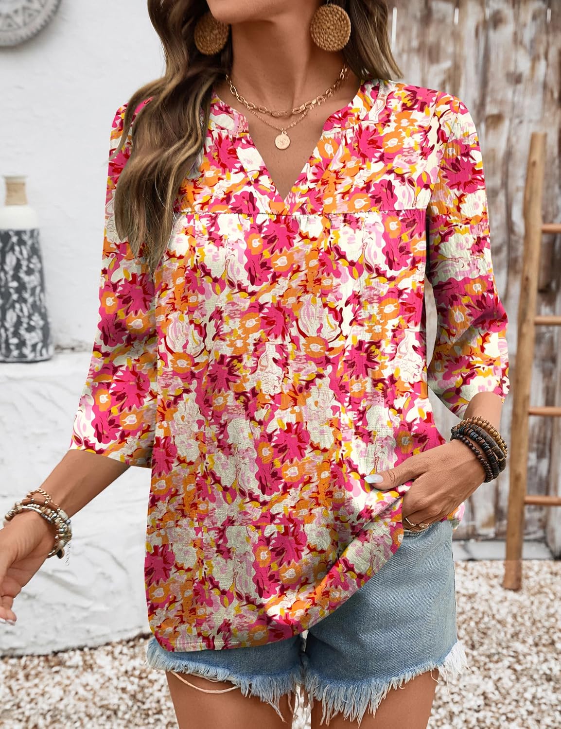 Rapbin Womens 3/4 Sleeve V Neck Floral Print Pleated Blouses for Women Dressy Casual Loose Fit Tops - Image 4