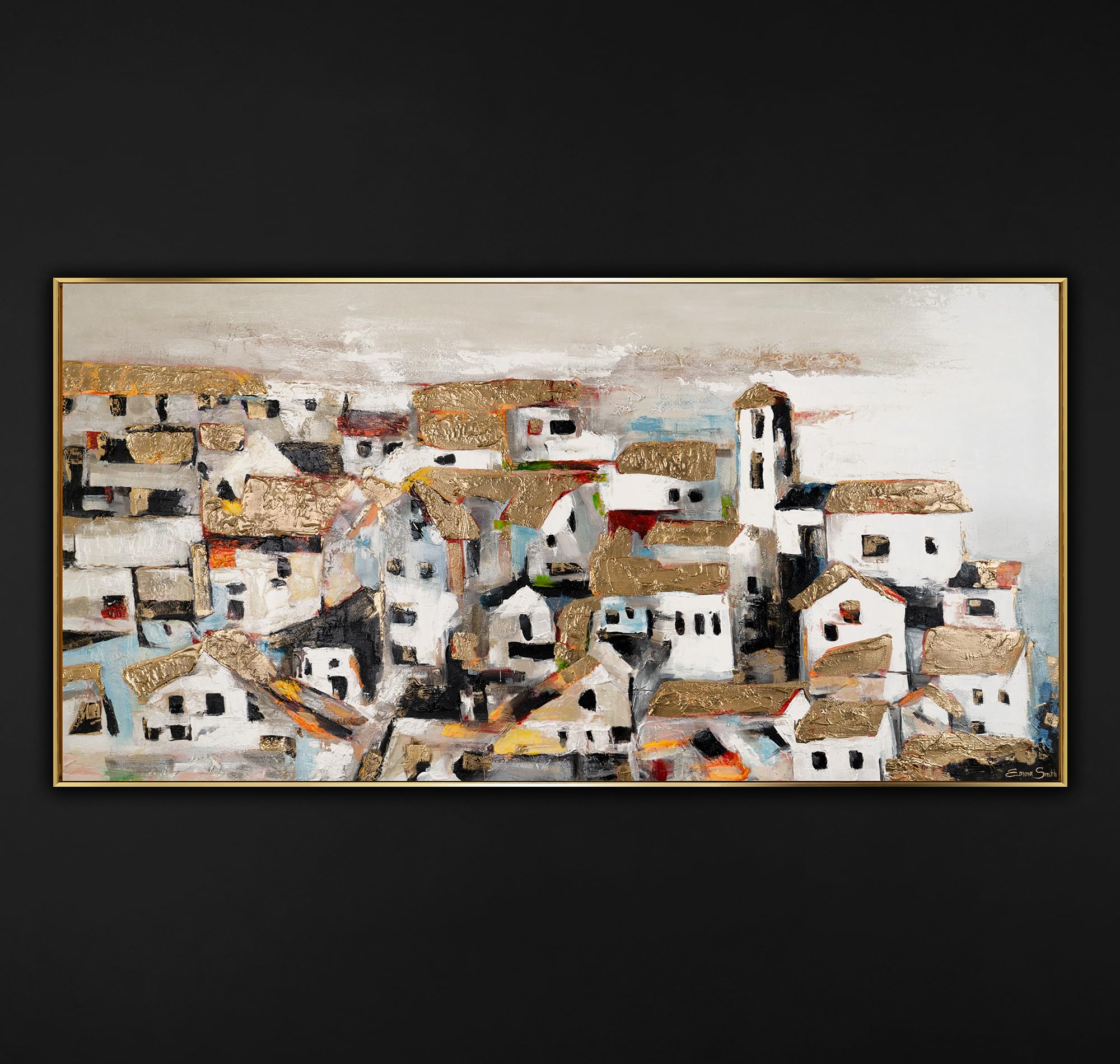 YS-Art Luxus Abstrakt Acryl Gemälde auf Leinwand Häuser im Sonnenlicht handgemalt Wandbild 100x50 cm