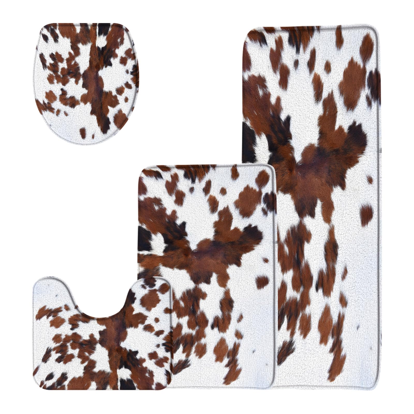 DSMEUE 4 Pieces Bathroom Rug Sets,Brown White Cowhide Farmhouse Animal 16"x24"and 20"x31"Bath Mats,Toilet Cover,U-Shaped Toilet Mat