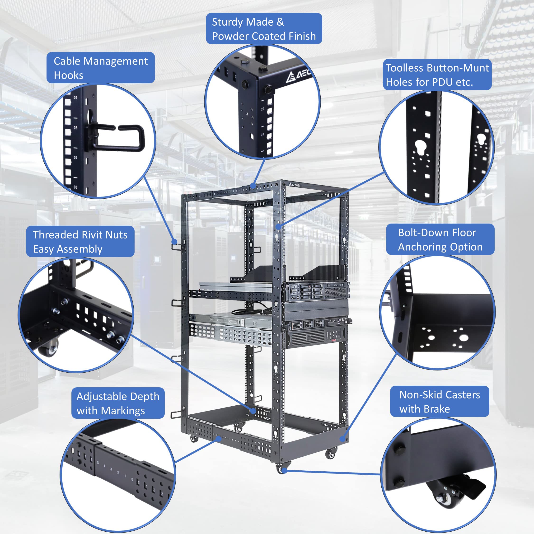 AEONS 27U 4-Pfosten-IT-Server-Rack mit offenem Rahmen, 48,3 cm tiefenverstellbar (55,9 cm bis 101,6 cm), Netzwerkausrüstung, AV-Ausrüstung mit Rollen und Kabelmanagement