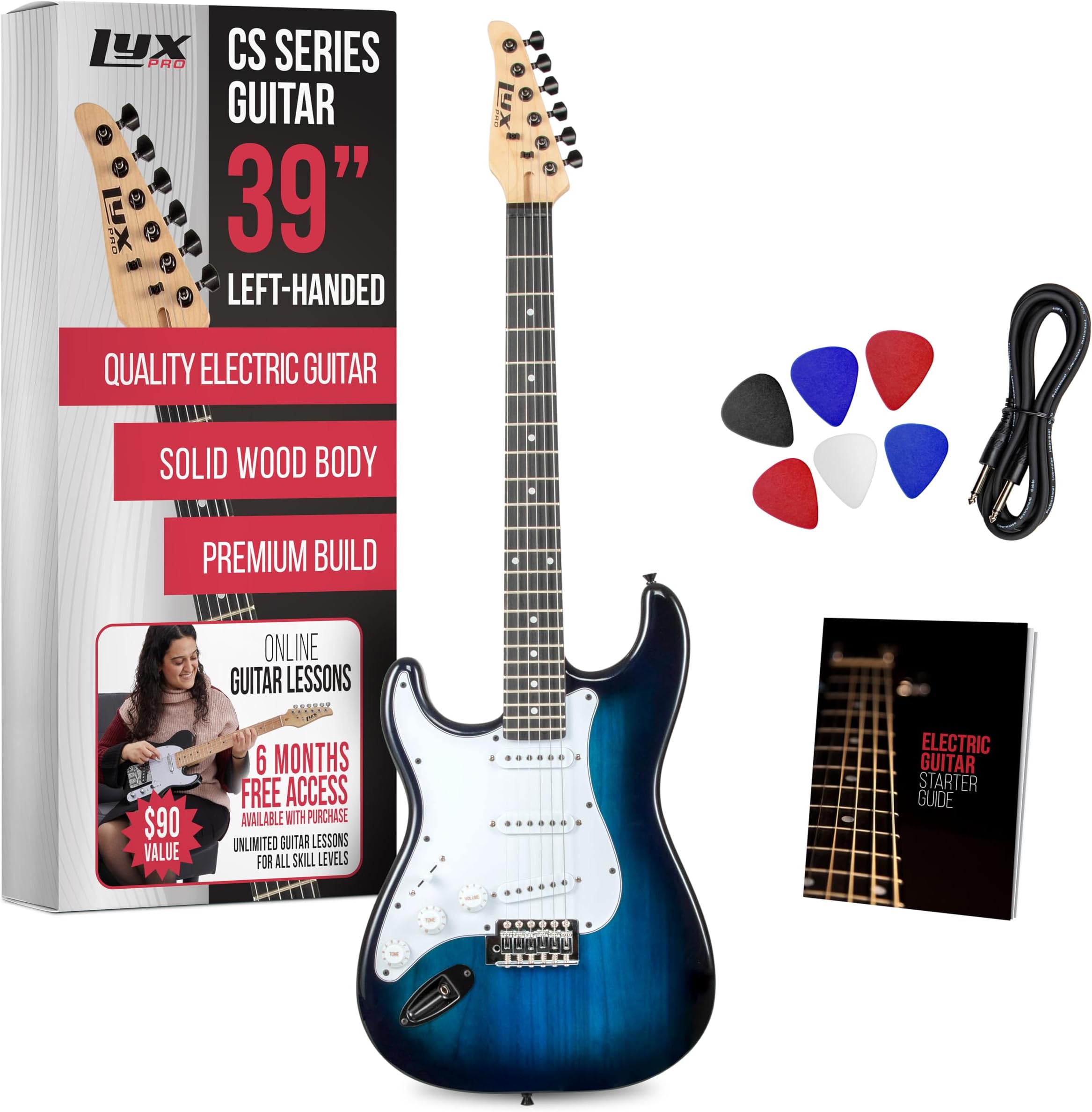 LyxPro CS 39” Left Hand Electric Guitar Kit for Beginner, Intermediate & Pro Players with Guitar, Amp Cable, 6 Picks & Learner’s Guide, Solid Wood Body, Volume/Tone Controls, 5-Way Pickup - Blue