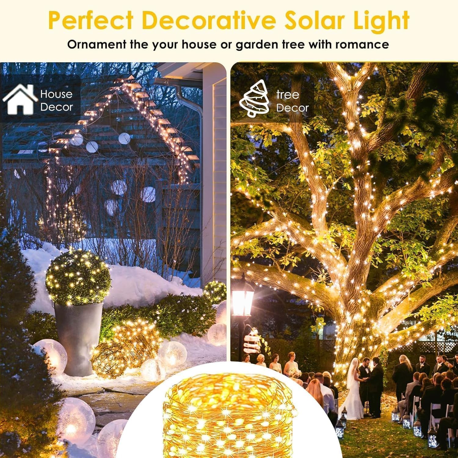 Lot de 4 guirlandes lumineuses solaires pour l'extérieur, 400 LED au total, étanches, lumière scintillante en fil de cuivre, 8 modes, lumière féérique pour sapin de Noël, jardin, fête, décoration de