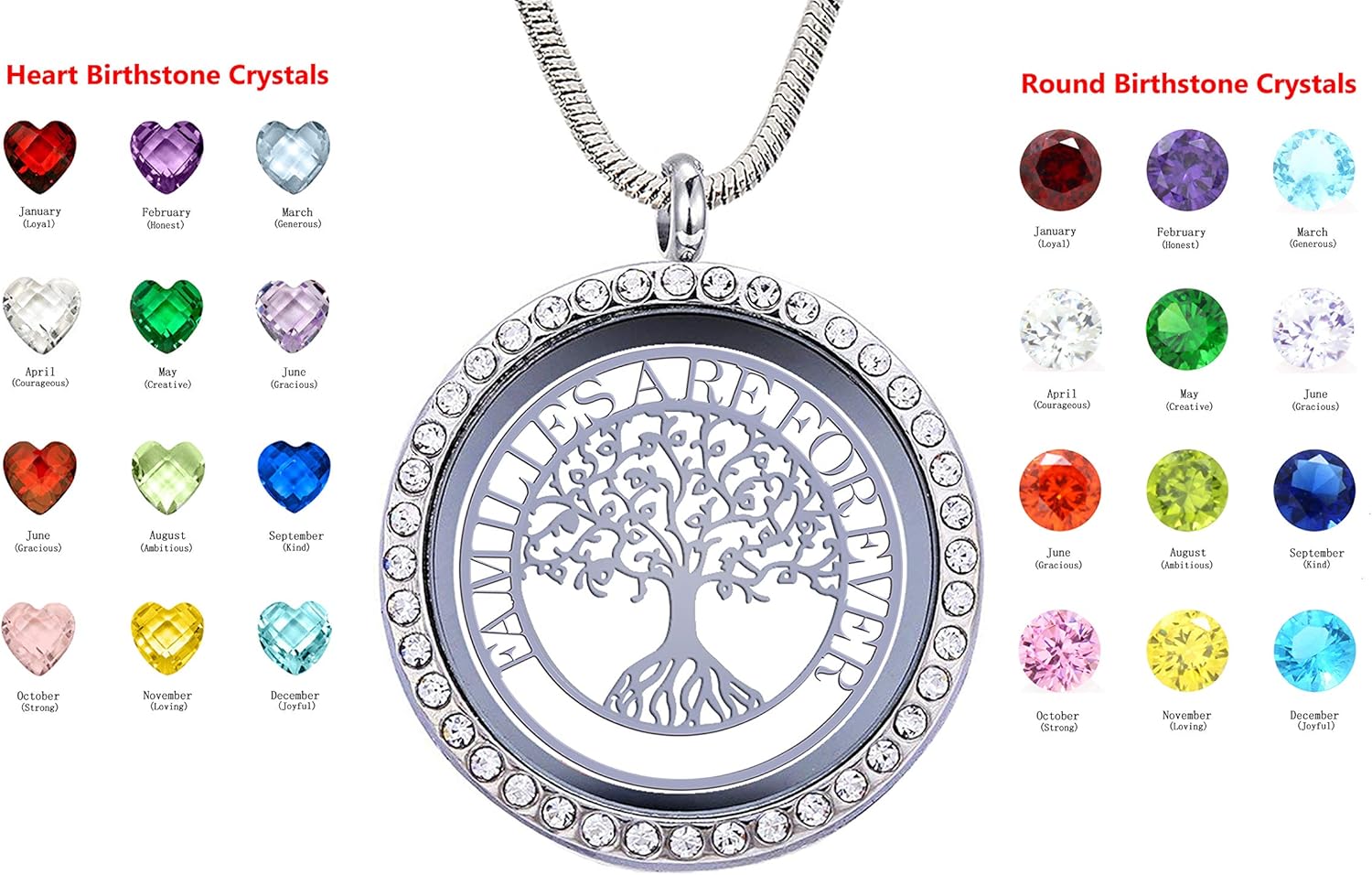 Familes Are Forever Family Tree of Life Floating Locket Necklace with 24 Birthstones - Image 6