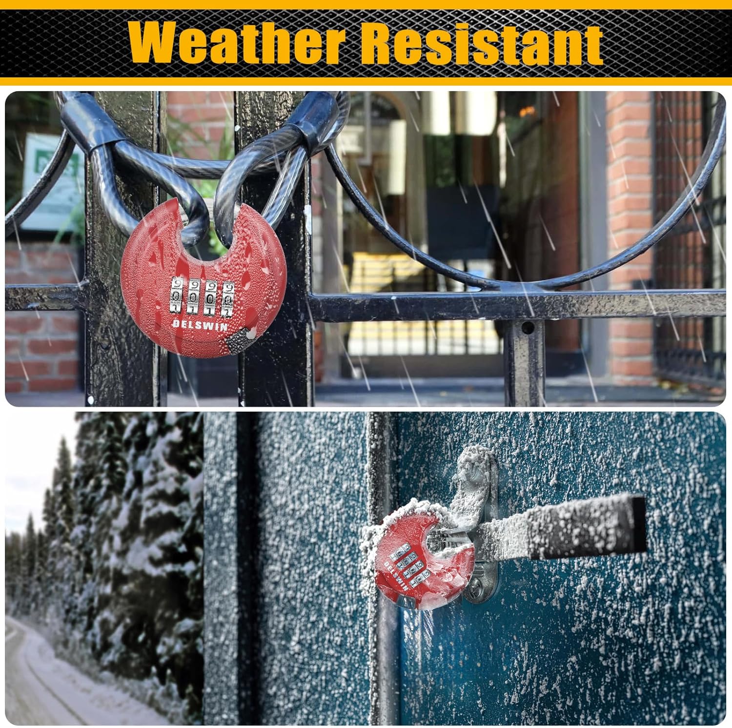 DELSWIN Outdoor Combination Padlock - 4 Digit Heavy Duty Disc Lock with Hardened Shackle,Combo Padlock for Gate,Storage Unit,Fence(25/64" Shackle, Red,2Pcs)
