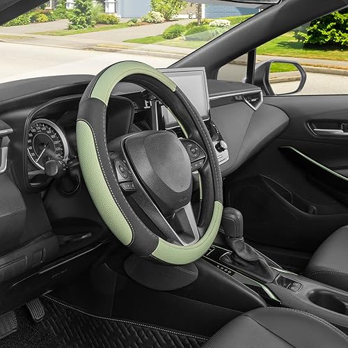 Miniatura 57 de SEG Direct Funda universal para volante de automóvil, de 15 pulgadas, piel de microfibra, color blanco y gris Negro y gris