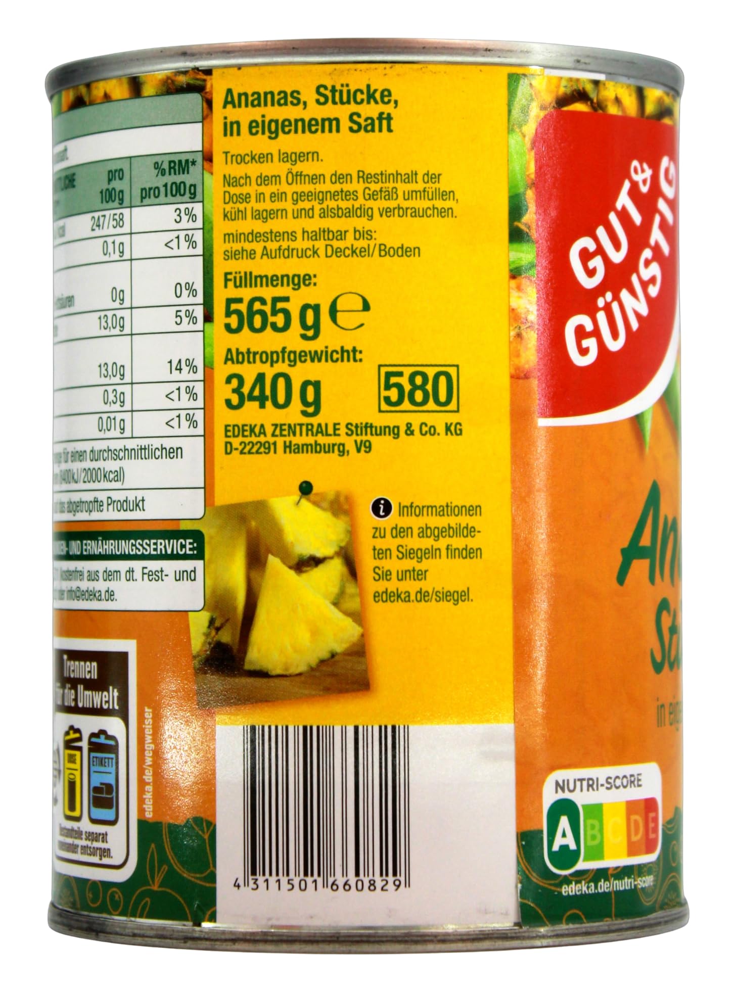 Edeka Gut & Günstig Ananas-Stücke in eigenem Saft, 12er Pack (12 x 340g)