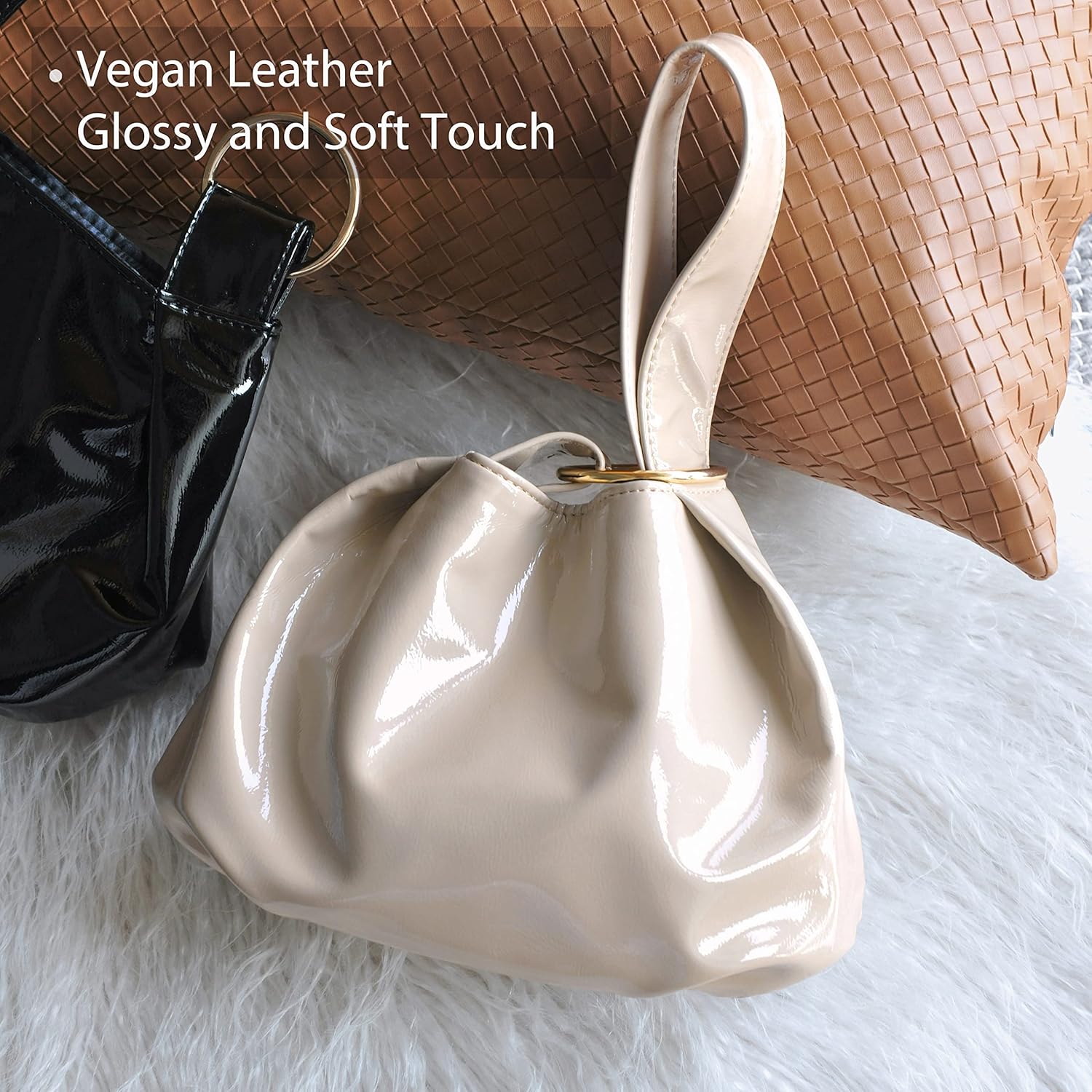 Women's Glossy Clutch Patent Vegan Leather Hobo Top Handle Bag Small Tote | Glossy, Patent, Vegan Leather, Top Handle, Small