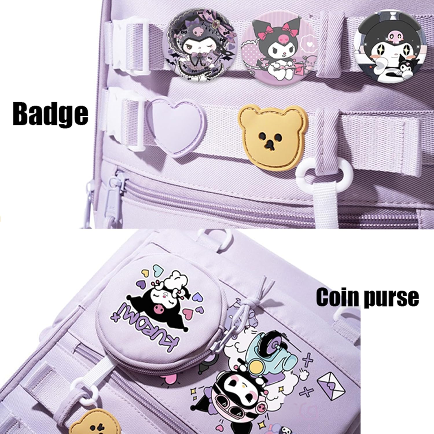Roffatide Anime Kuromi Kawaii Backpack with 12 Pcs Accessories Cartoon Travel Aesthetic New Semester Gifts Bag with Cute Pins Anti-Theft Laptop Backpack Travel Hiking Daypacks Rucksack Purple