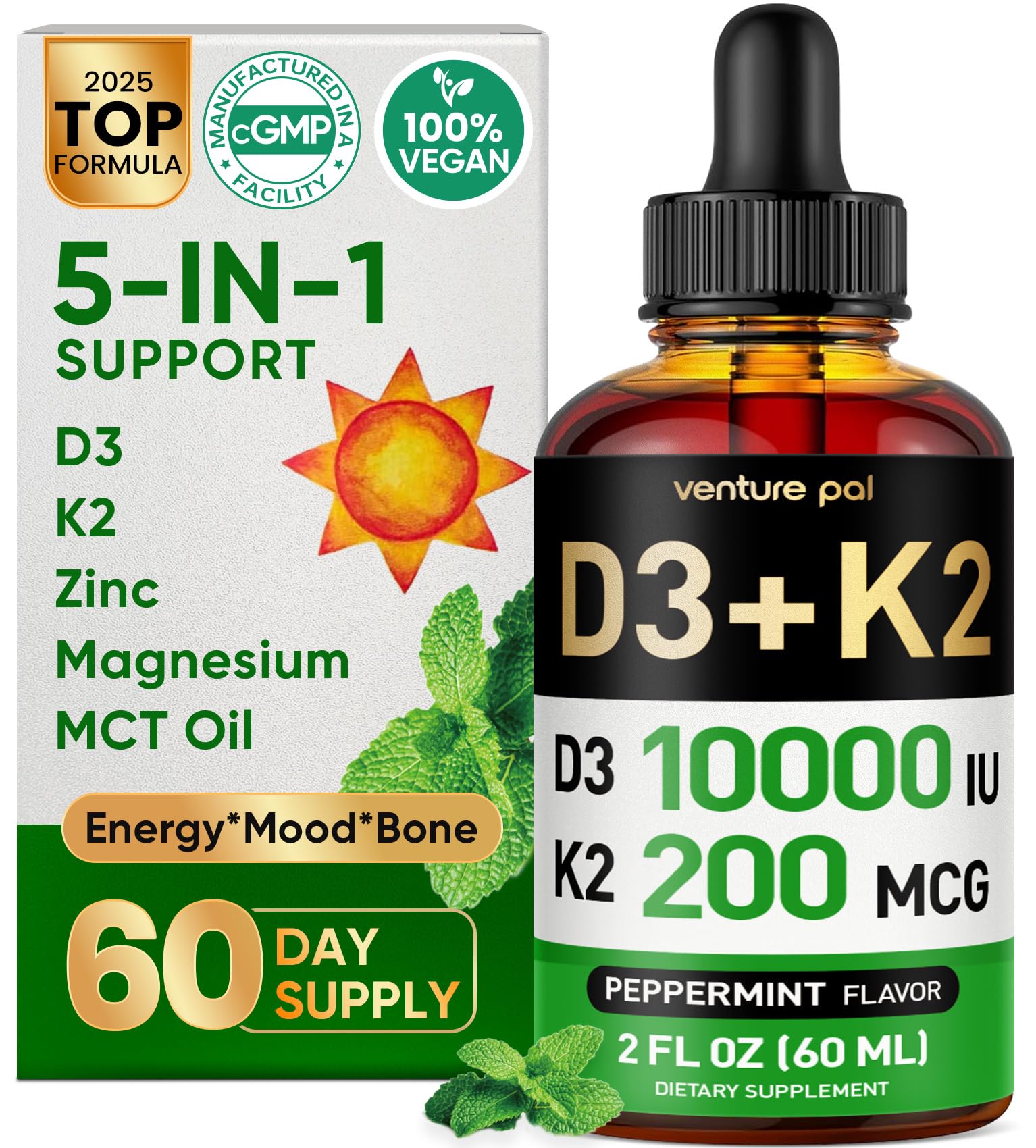 Venture Pal 5-in-1 Vitamin D3 10000 IU & K2 as MK-7 200mcg with Magnesium, MCT Oil, Zinc, Sugar-Free Vitamin D Liquid |Maximum Absorption for Bone, Mood & Immune Health - 2 FL OZ, 60 Days