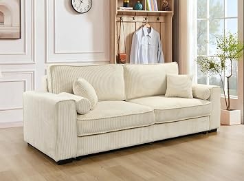 91" Beige Corduroy Queen Size Sleeper Couch with Pull Out Bed | Modern Convertible Loveseat Sleeper Sofa Bed with Storage and Armrest Pillows for Apartment