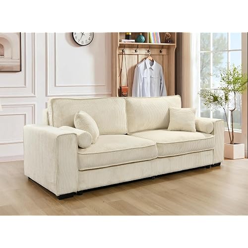 91" Corduroy Queen Size Sleeper Couch with Pull Out Bed - Modern Convertible Loveseat Sleeper Sofa Bed with Storage and Armrest Pillows for Apartment-Beige