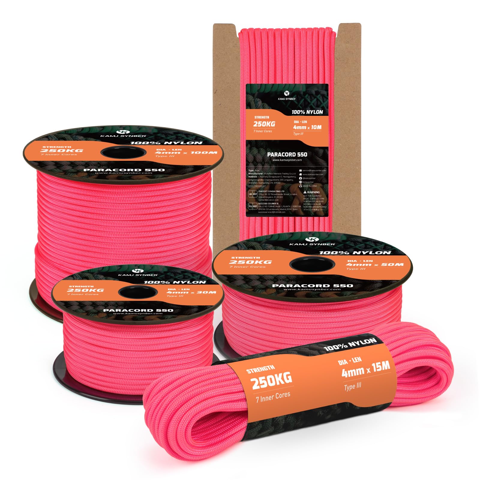 Kamu Synber 550 Paracord 4mm 50m Type III 7 Strands 100% Nylon Rope Parachute Cord Ideal for Crafting, DIY, Camping, Survival, Outdoor | Support 250kg | Neon Pink