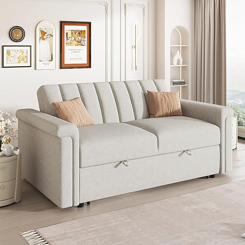 61.4" Convertible Sleeper Sofa Bed, Sleeper Sofa Couch with Pull-Out Bed, Modern Corduroy Loveseat Futon Sofa with Adjustable Backrest for Living Room, Small Apartment, Beige