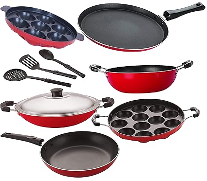 Nirlon Non-Stick Gas Compatible Highly Durable Cookware Combo Set -9 Pcs [FT13_KD13_AP(7)_AP(12)_AC_TP24_3SPN]