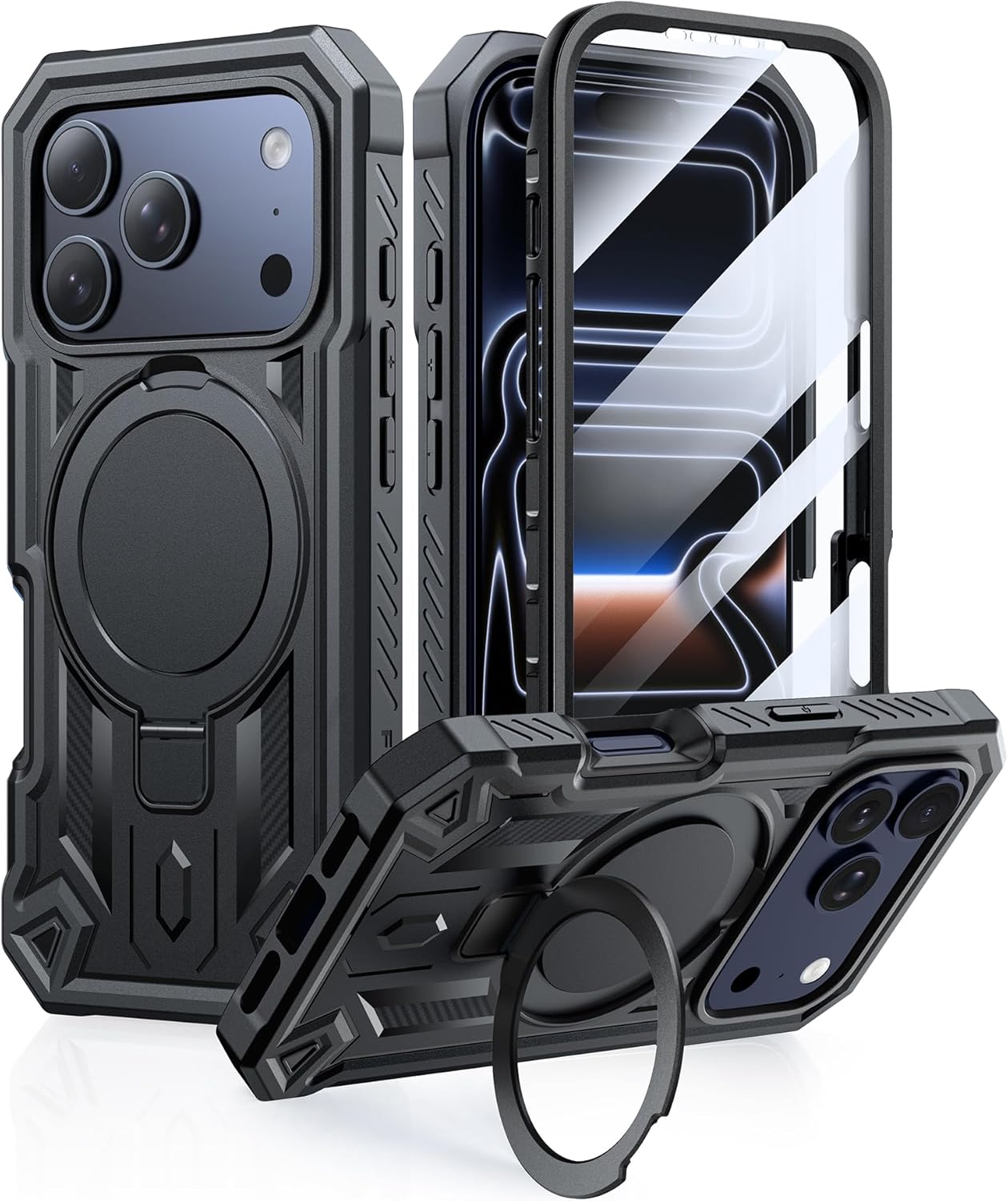 FNTCASE for iPhone 17 Pro Case: Magnetic Phone Cases with [Ring Kickstand] [Built-in Screen Protector] [Heavy Duty Military Grade Protection] Drop Protective Rugged Hard TPU Cell Phone Cover Black