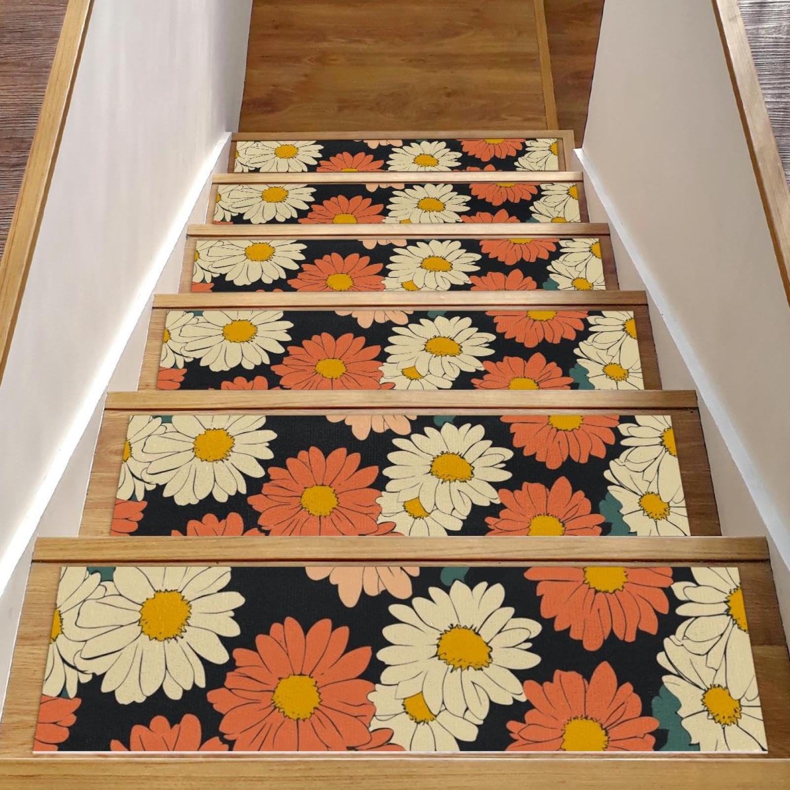 Tapis d'escalier rétro marguerite antidérapant lot de 15 marches