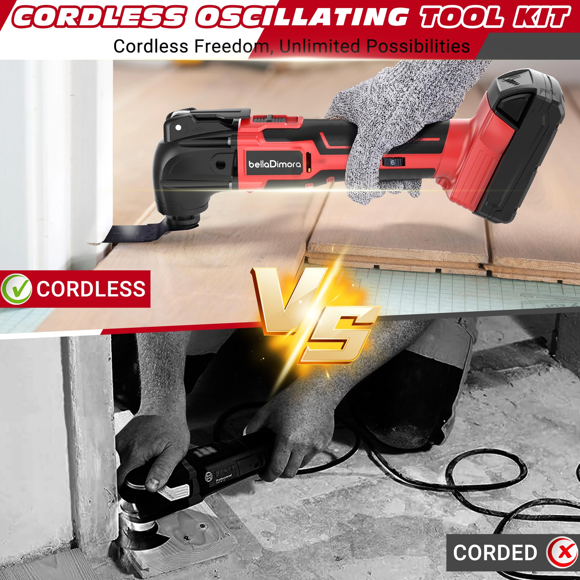 Multiherramienta oscilante compatible con batería Milwaukee de 18 V (batería no incluida), herramienta oscilante inalámbrica, motor sin escobillas, 6 velocidades variables, kit de 23 piezas para
