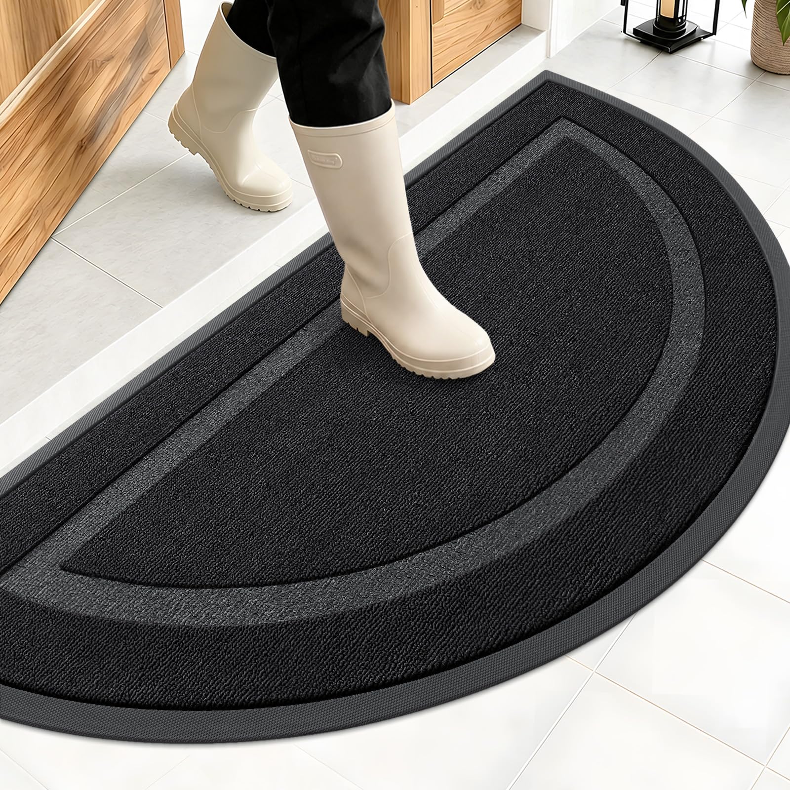 OLANLY Half Circle Front Door Mat Outside 47x23 All-Season Rubber Doormat | Jet Black, Absorbent, Heavy-Duty, Stain Fade Resistant, Waterproof Non-Slip Backing, Low-Profile Indoor Outdoor Entryway Mat