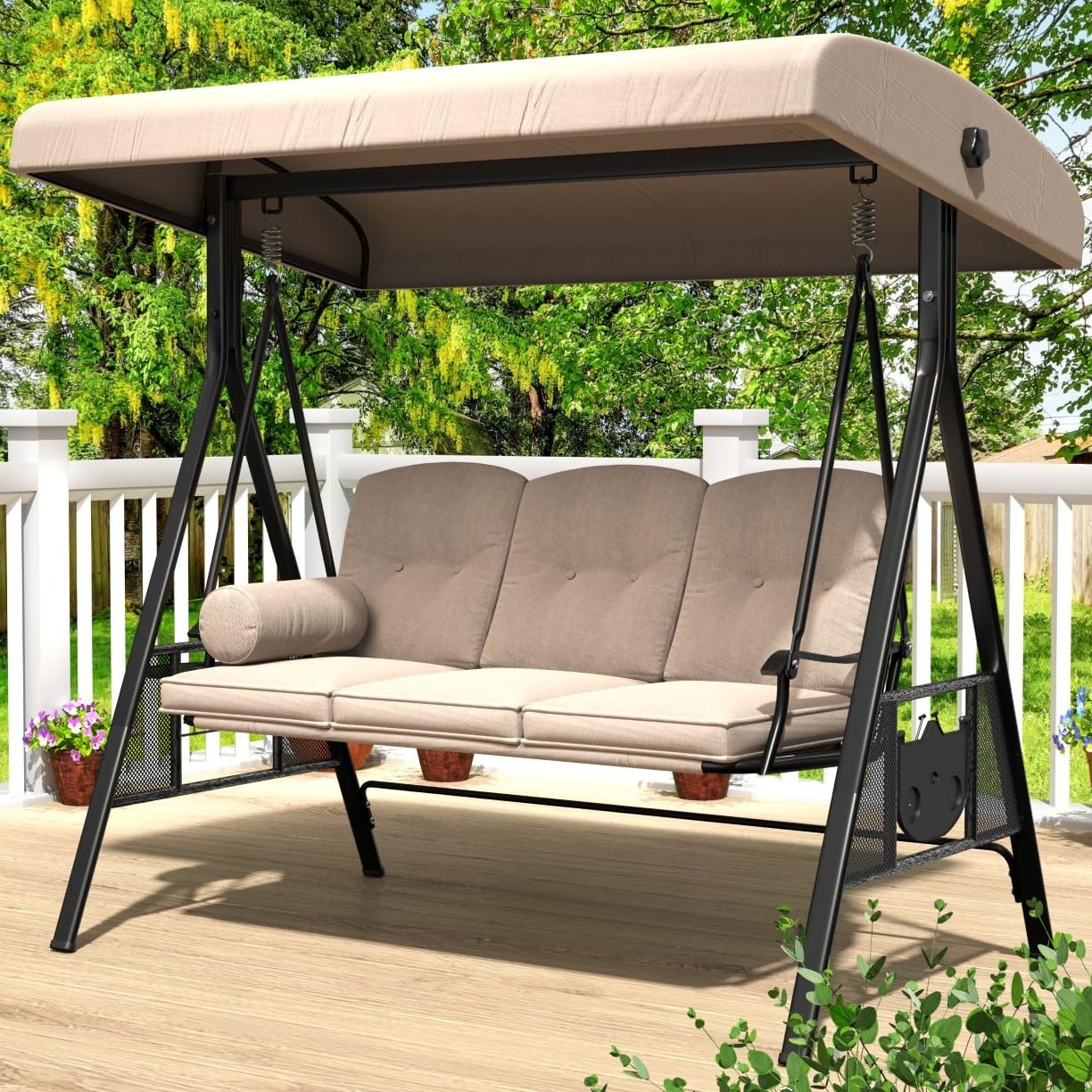 AECOJOY Outdoor Porch Swing, 3-Seat Porch Swing with Adjustable Canopy, Outdoor Swings for Adult with Beige Removable Cushions for Backyard, Garden, Yard, Poolside, Balcony