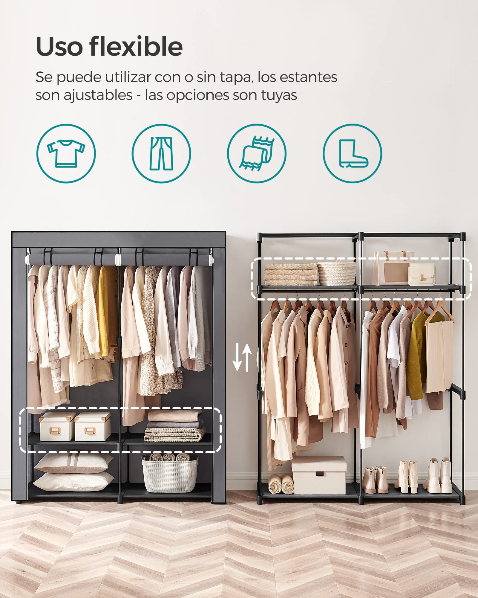 SONGMICS Armario de Tela, Armario Portátil con Barras para Colgar, Perchero, Plegable, Guardarropa, para Dormitorio, Estudio, 140 x 43 x 174 cm, Gris RYG02GY