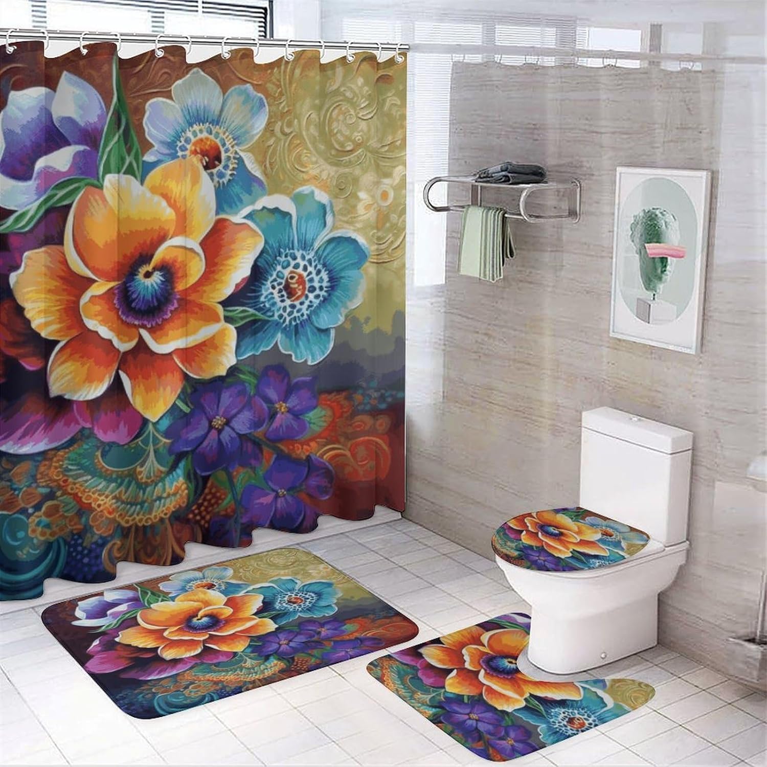 Flower Diamond Painting 4Pcs Shower Curtain Set with Non-Slip Rugs, Toilet Lid Cover and Bath Mat,Bathroom Set Decor Accessories,Curtain Set with 12 Hooks, 72 X 72 Inch