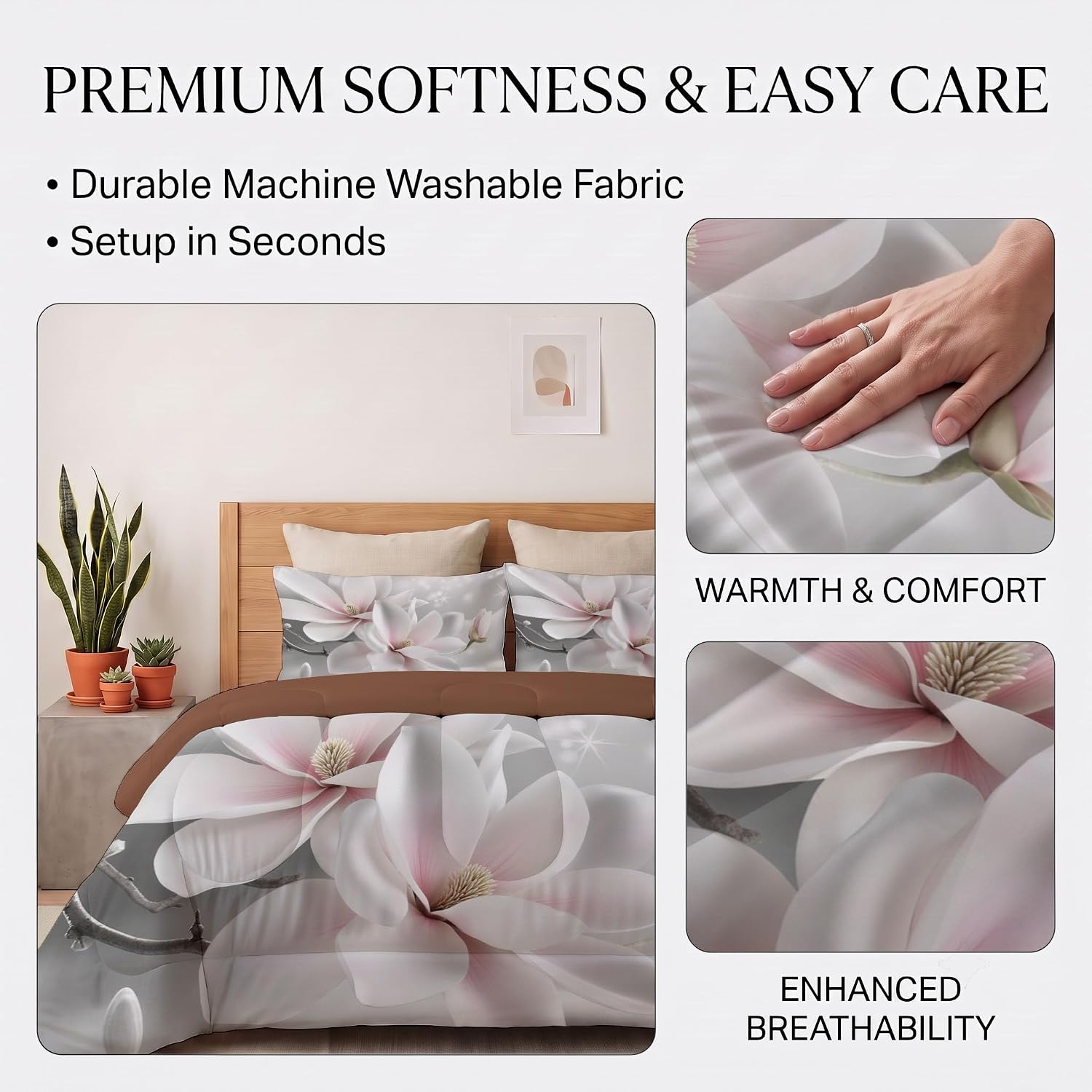 Modern Flowers Comforter Set Queen Size, 3D Magnolia Bedding Set for Girls Boys, Light Pink Quilt Bed 90"X90" Bedding Comforter Sets with 2 Pillowcase Room Decor
