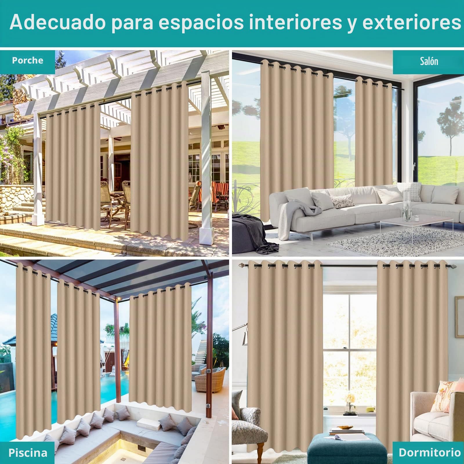 MINGPINHUIUS Cortinas de Exterior, Cortina Exterior con Ojales, Impermeables, Resistentes al Viento y a los Rayos UV, Opaco, para balcón, terraza, Porche, pérgola (champán, 2 Piezas / 132 x 213 cm)