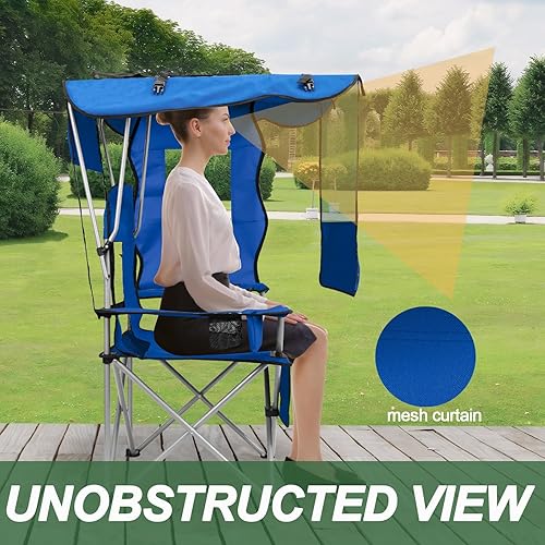 Miniatura 6 de ptlsy Silla de playa con toldo plegable para adultos con portavasos, bolsa enfriadora para campamento, pesca, playa, deportes y conciertos (azul)