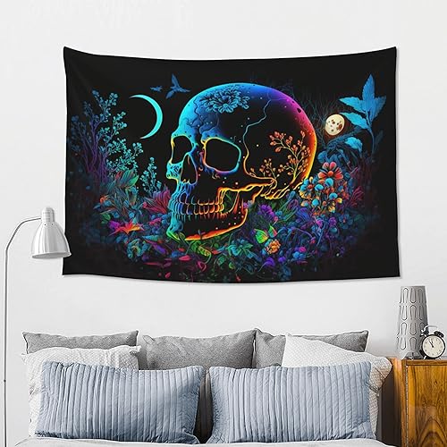 Miniatura 6 de Tapiz de pared con diseño de calavera trippy gótico en blanco y negro, diseño de hongos trippy y flores, estilo tarot, diseño de hongos trippy y