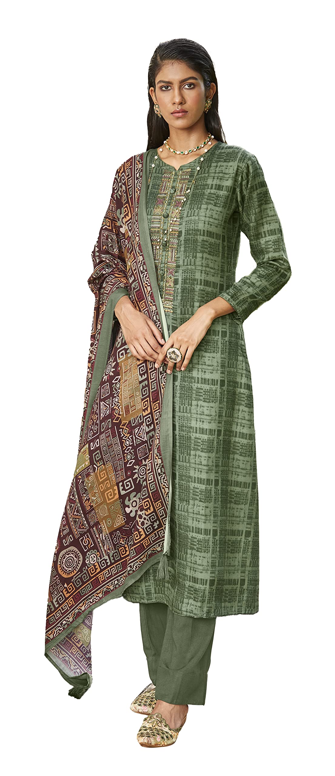 DRAVINAM Trends Women's Pure Pashmina Woollen Unstitched embroidered Salwar suit dress Material with Digital Printed Pashmina Wool Shawl Dupatta