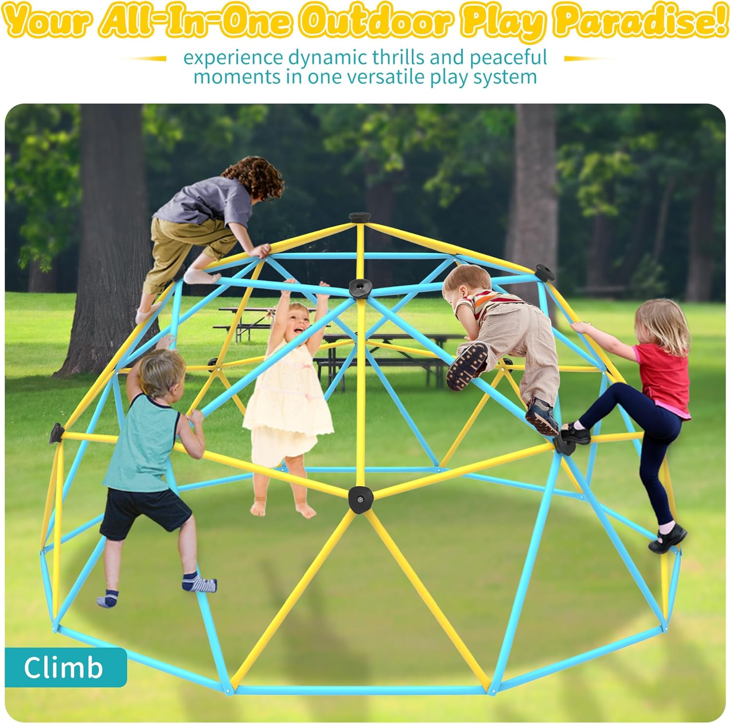 Gardenature 10FT Climbing Dome for Kids Outdoor Play Equipment Jungle Gym for Kids, Geometric Dome Climber Supporting 880 Lbs Anti-Rust Metal Outdoor Play Structure ASTM Approved LightBlue & Yellow
