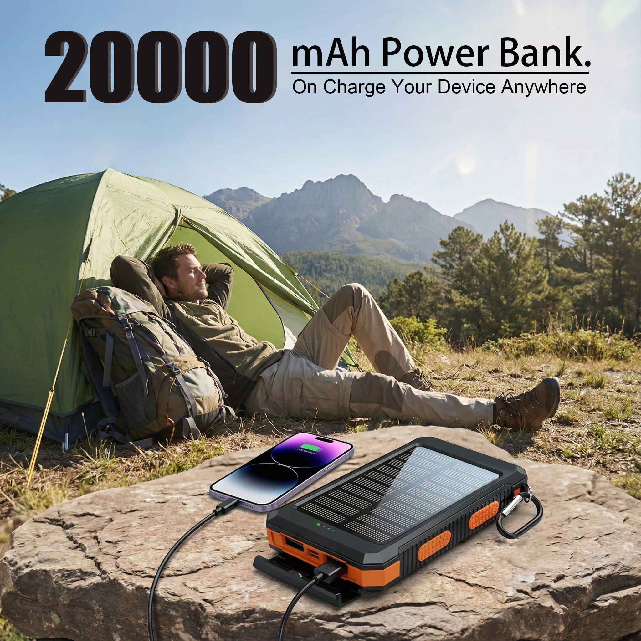 Solar Powerbank 20000mAh, Wasserdichtes USB C Externer Akku mit 2 Outputs, 2 USB-Anschlüssen, LED-Taschenlampen mit Kompass für Outdoor-Aktivitäten
