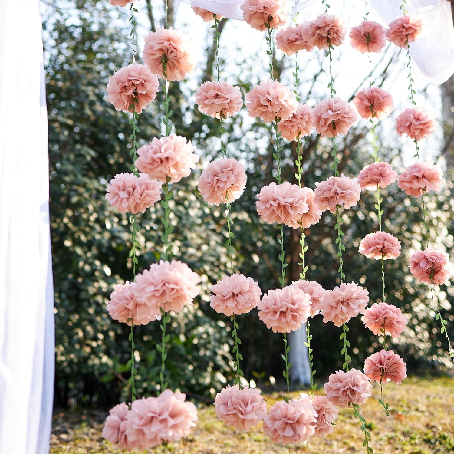 2 Pcs Dusty Pink Flower Garland for Bridal Shower Decorations, Baby Shower Decorations for Girls, Pom Pom Garland, Paper Flowers Party Decorations for Birthday