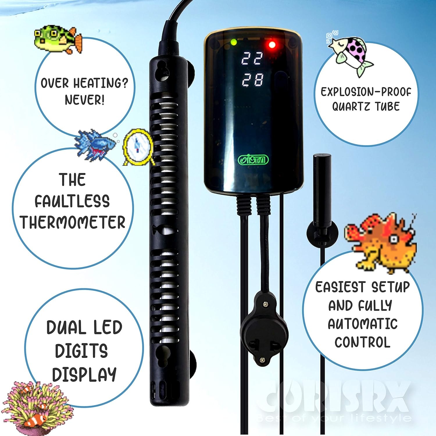 Corisrx Submersible Aquarium Heater Set - 55-100 Gallon Betta Fish Tank Temperature Controller, Turtle Tank Thermometer, Freshwater Saltwater Large Tank Thermostat (500W (for 79 to 132 Gallon))