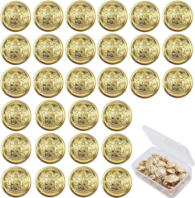 30PCS Clothes Buttons Metal Blazer Button Set Vintage Shank Buttons Round Shaped Metal Button for Men Women Blazer Coat Uniform Shirt Suit and Jacket (Glod,25mm) (Shield)