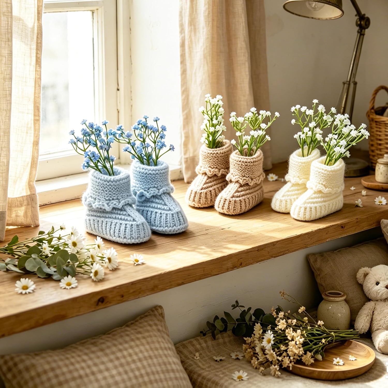 Baby Boy Shower Decorations, 3 Sets Table Centerpieces with Knitted Booties and 18 Pcs Artificial Baby's Breath Flowers, Boho Style for Gender Reveal Party Table Decor