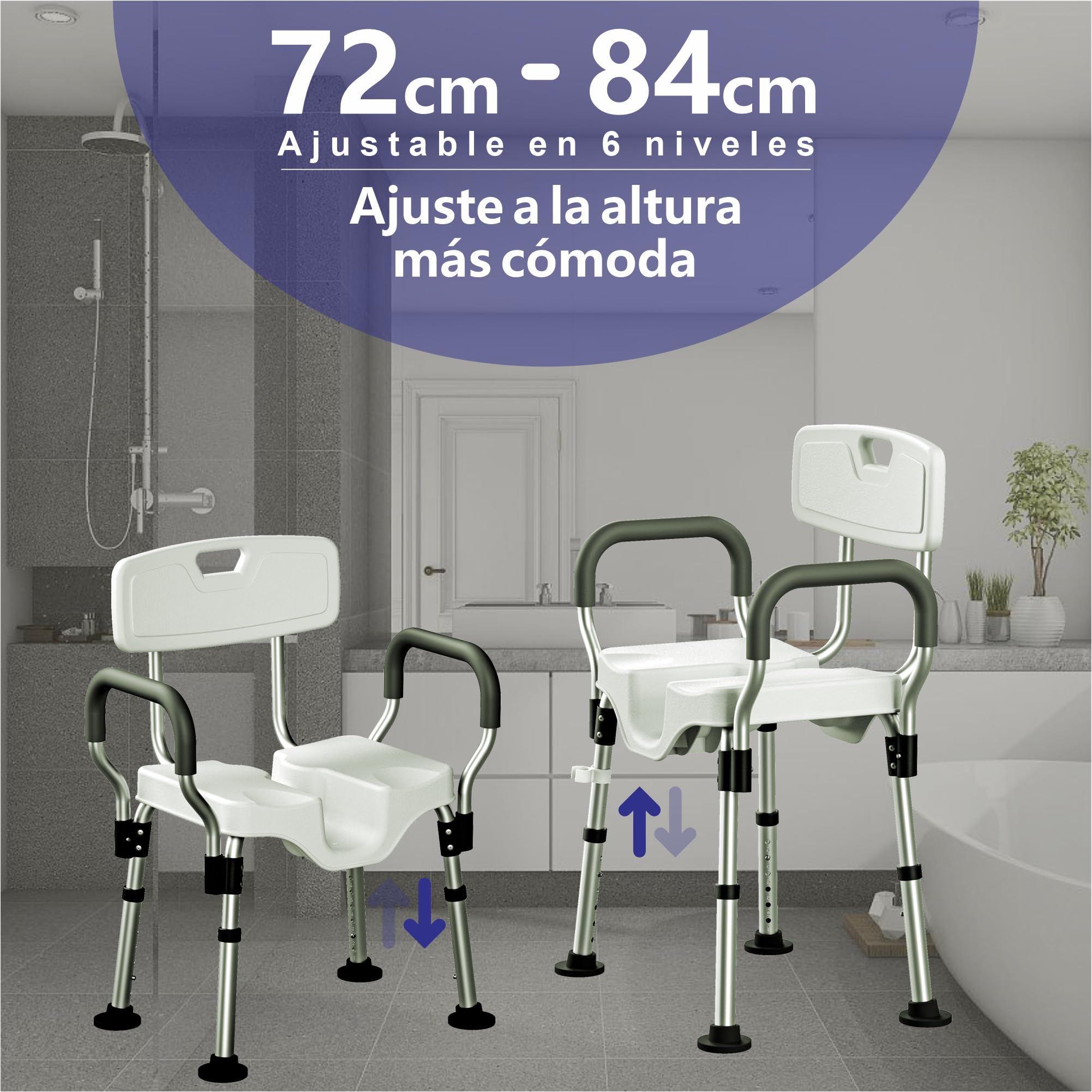 Silla de Ducha, Taburete Baño, Diseño de Ranura en Forma de U | Regulable en Altura, con Reposabrazos y Respaldo, patas antideslizantes, Capacidad de carga para Personas Mayores (150 kg)