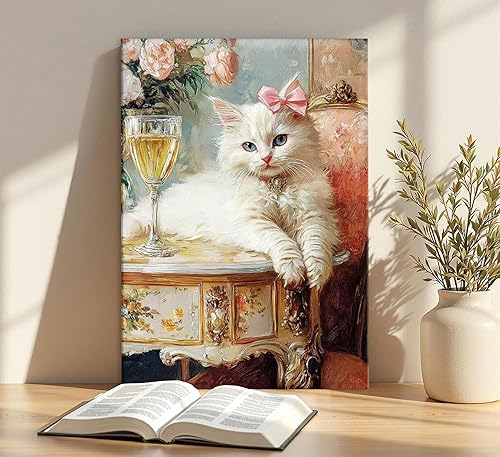 Miniatura 2 de Elegante lienzo vintage para pared, diseño de gato blanco caprichoso, divertido y retro, cuadro de carrito de bar, pintura ecléctica de animales,