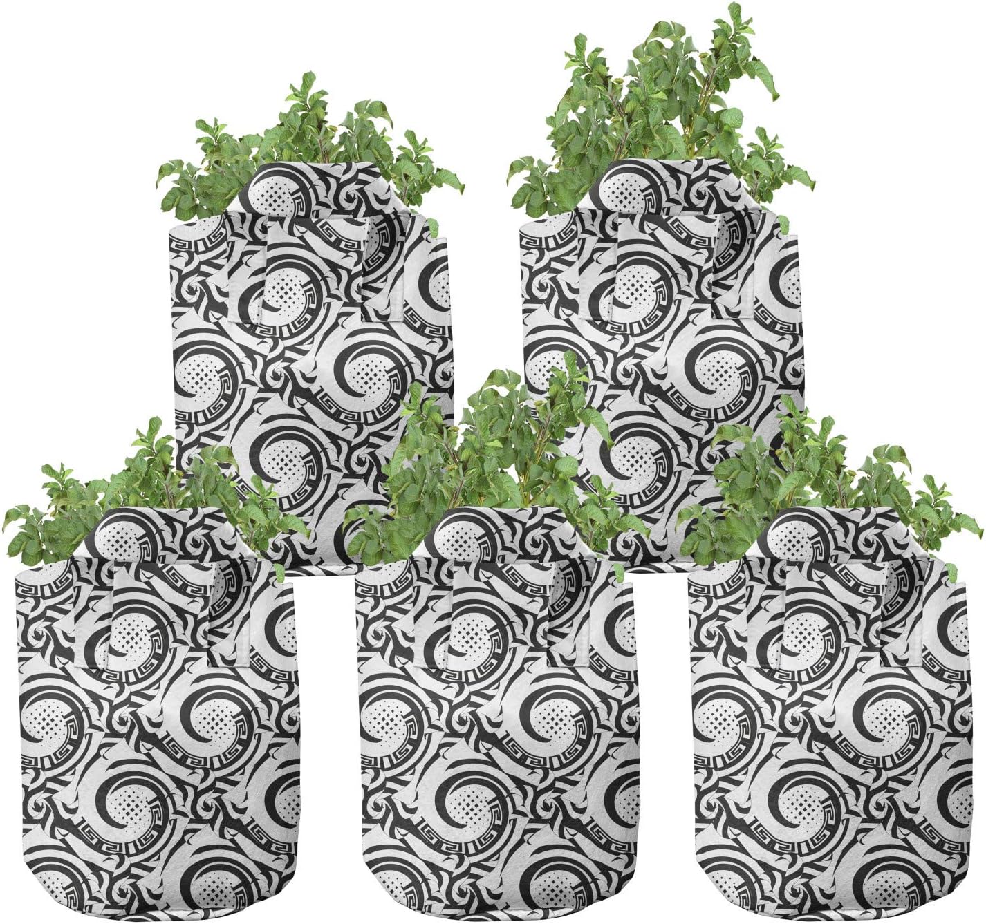 Ambesonne Modern Grow Bags 5-Pack, Circles and Tribal Effects, Heavyduty Fabric Pots with Handles for Plants, Charcoal Grey and White