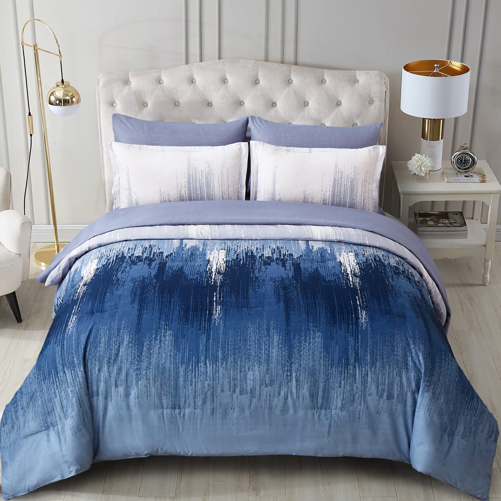 Navy Blue Comforter Set King,7 Pieces Bed in a Bag Colorful Abstract