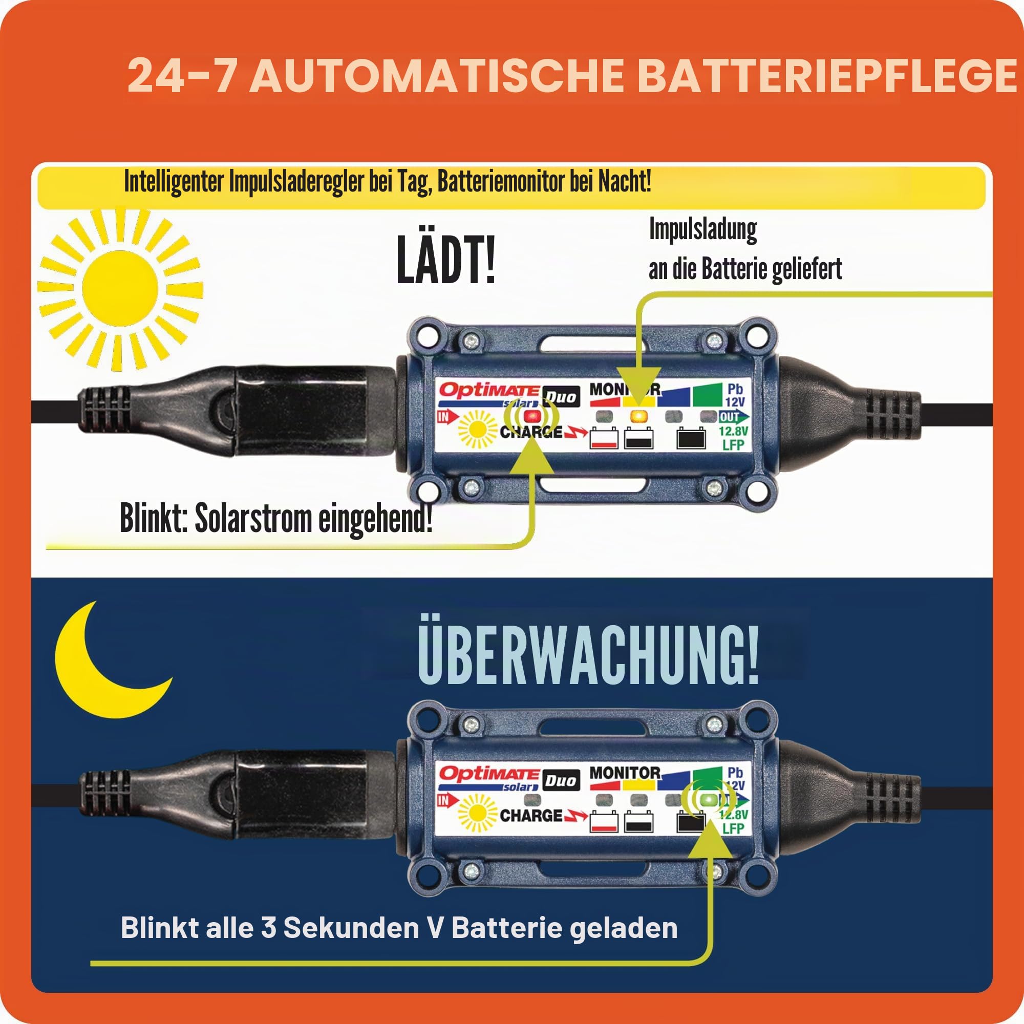 OptiMate Solar Duo + 10W Solar Panel, TM522-D1, Solarlade- & -wartungsgerät für 12.8V / 13.2V Lithium & 12V Blei-Säure Batterie, Blau