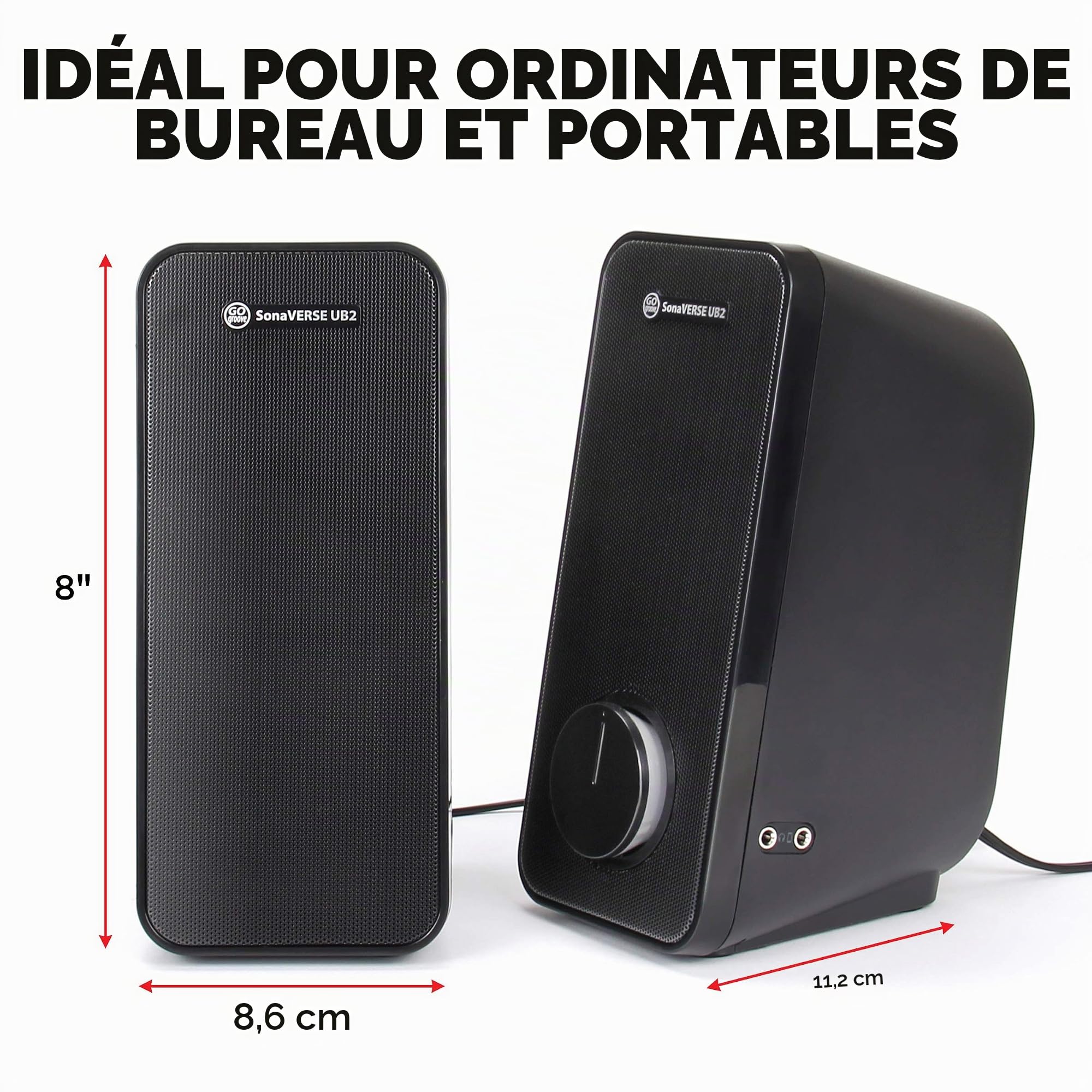 GOgroove Haut-Parleurs Enceintes Port USB Multimédias UB2 - Pilotes à 2 Voies, Prises d'Entrée Casque et AUX Intégrées, Bouton de Volume à Del - Convient pour Ordinateurs de Bureau & Portables