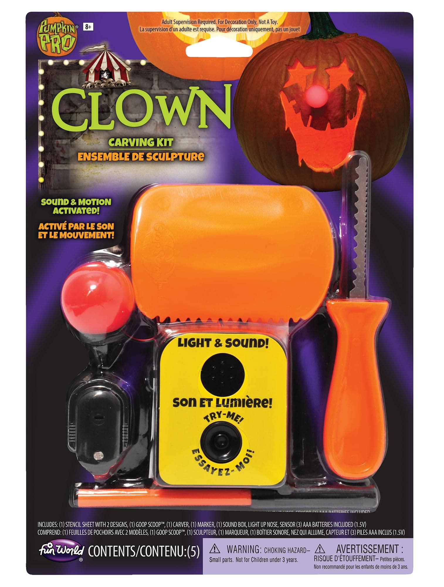FunWorld Light-Up Clown zestaw do rzeźbienia dyni z tworzywa sztucznego i stali nierdzewnej z dźwiękami