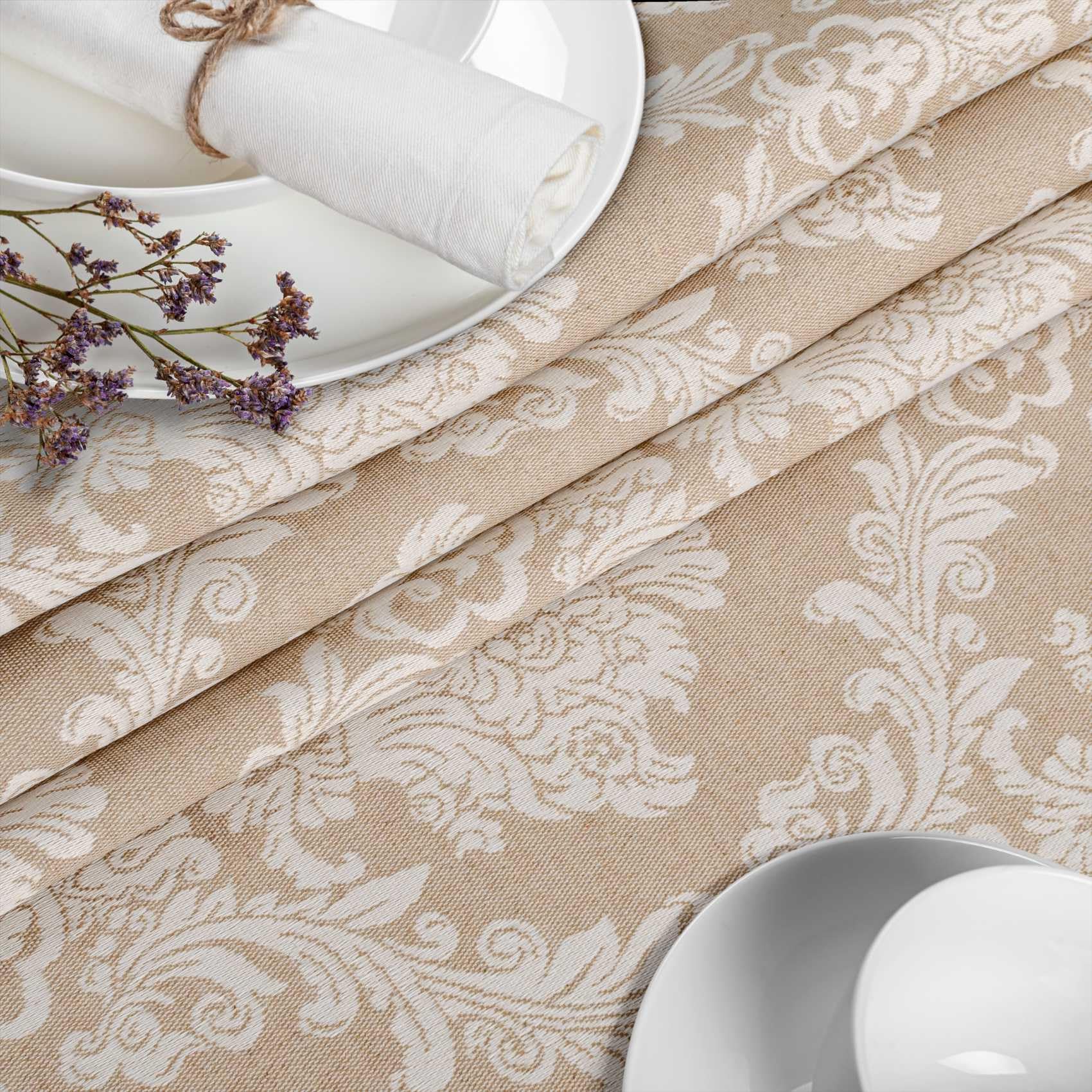 BEAUTEX Tovaglia Ornamenti damascati - tovaglia Senza Ferro - tovaglia antimacchia e di Facile Manutenzione - tovaglia, Ovale 160x220 cm, Crema