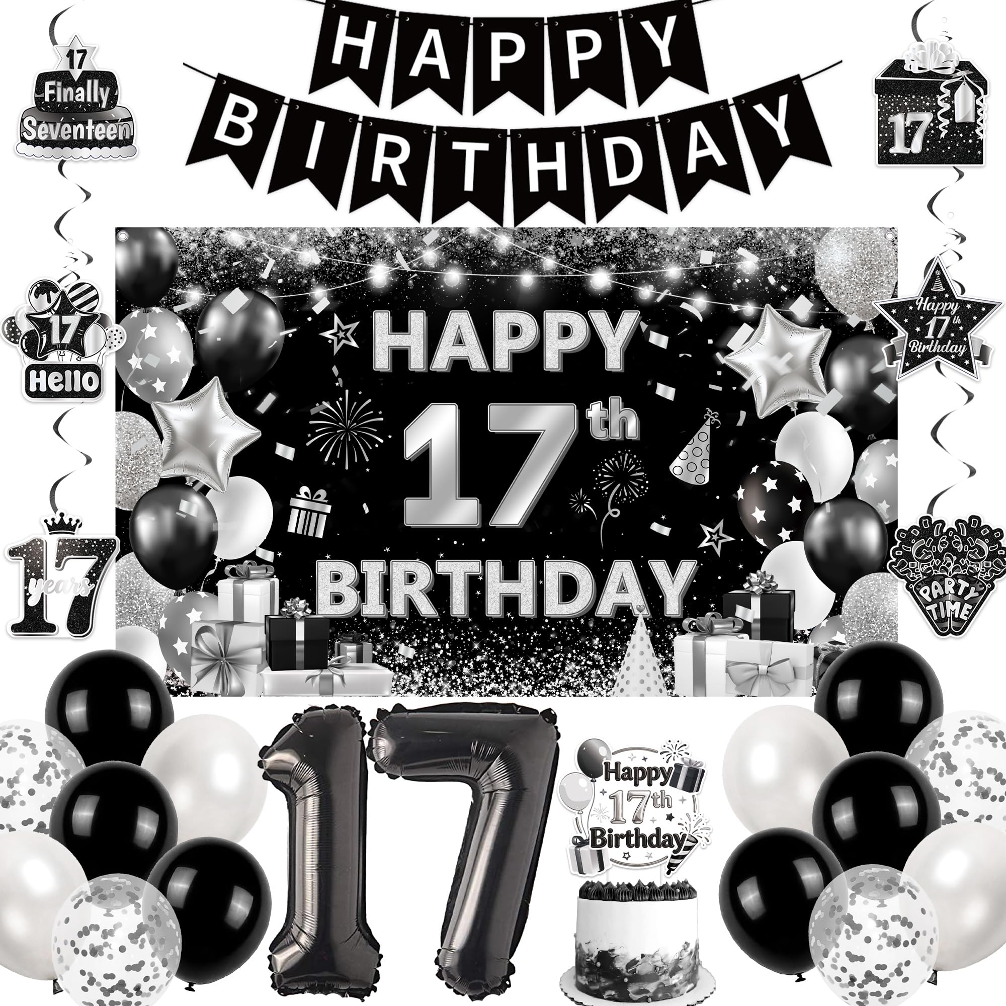 17th Birthday Backdrop Decorations for Boy - Black Silver Happy Birthday Banner Cake Topper Background Signs, Number 17 Balloon Party Decoration for 17 Years Old Boys Bday Supplies
