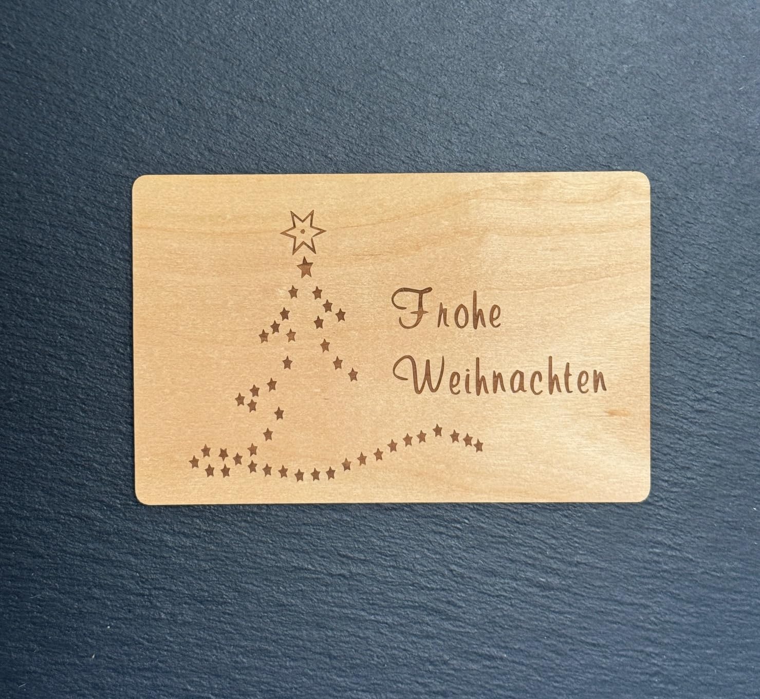 Holz-Grußkarte „Frohe Weihnachten“ Mit Sternenbaum – 14x9 Cm, Inkl. Umschlag, Aus Kirschholz