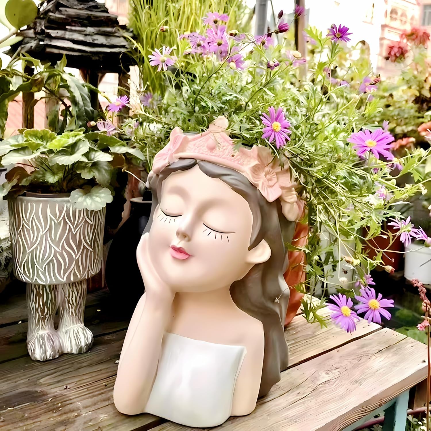 Face Planter Pots Head Planter Large Planters for Indoor Outdoor Plants Flower Vase with Drainage Hole Closed Eyes, 10.6inch (Crown Girl)